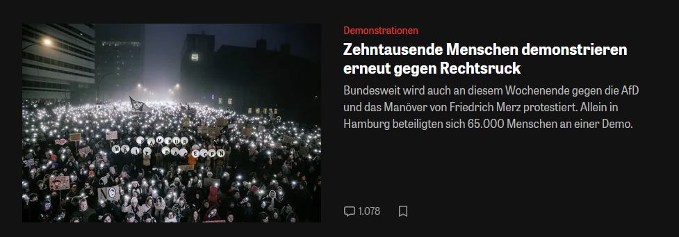 Screenshot zeit.de einer Schlagzeile "Zehntausende Menschen demonstrieren erneut gegen Rechtsruck"