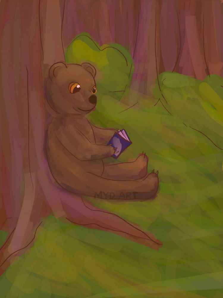 A painting of a brown bear reading a book while relaxing against the trunk of a tree. He is in a forest sitting on the grass
