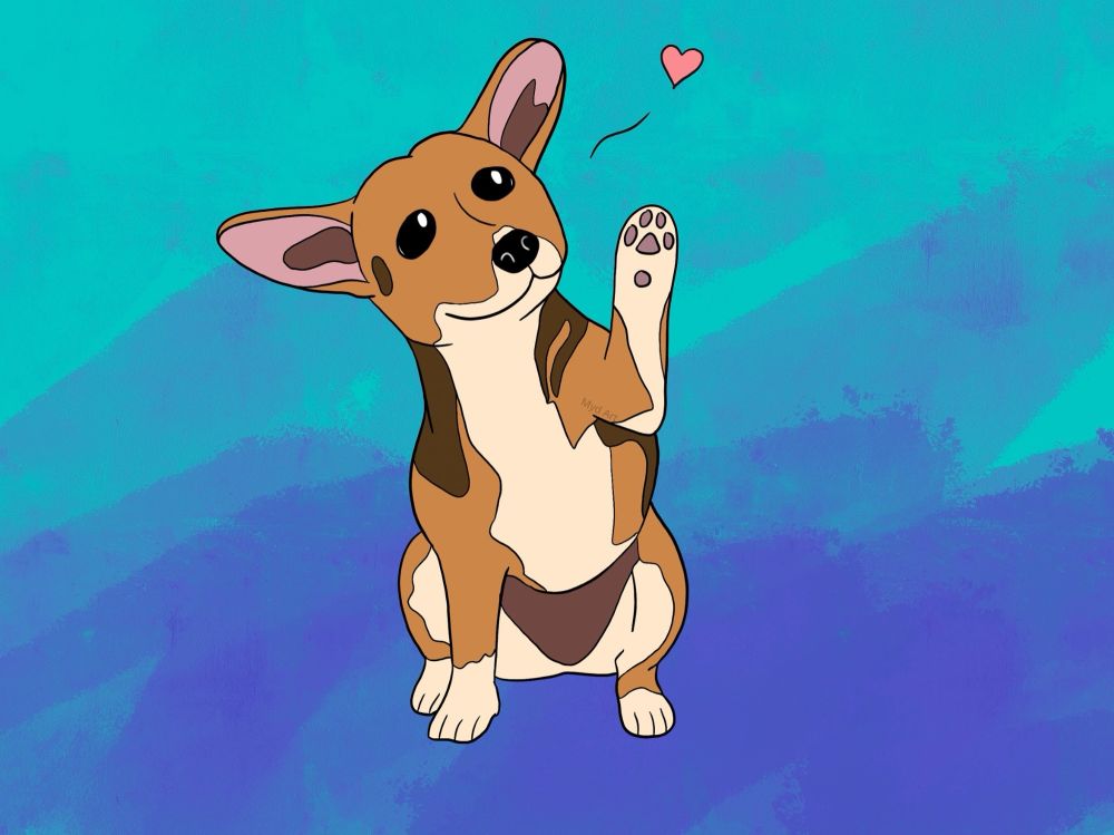 A small dog with big ears, sitting with one paw up waving and a little heart