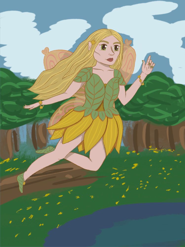 A blonde golden haired fairy with a dandelion in her hair. Theres dandelion bracelets around her wrists. The top of her dress are green leafs and the bottom are yellow leafs! She has peach translucent wings with pink details. She is wearing simple ballerina slippers made from leaves and a dandelion on top. She flies through a forest!