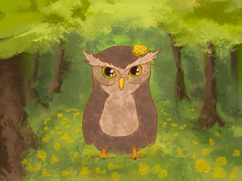 An owl with a dandelion in its feathers above its ear, looking grumpy. The background which consists of a field with dandelions and trees is painted sketchy

