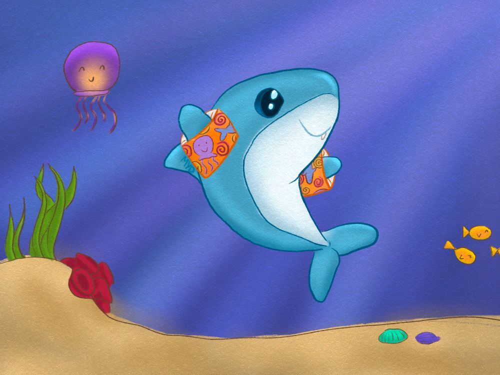 A colored in drawing of a blue shark with a white belly, wearing orange swimming bands with a pattern of jellyfish and sharks on it, seemingly learning to swim. There is light coming from above the water and there is sand on the ground. In the background there are a jellyfish that seems to glow, 3 golden fishes, 2 shell creatures, some seaweed and some red coral.
