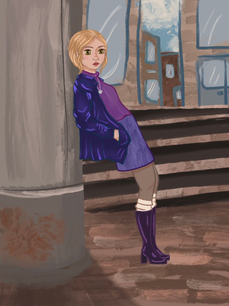 A blonde girl wearing a blue leather jacket and a purple turtleneck above a demin skirt. She is wearing high leather boots and white legwarmers and tights. She is standing against a pillar in a city in front of a staircase and some buildings. She is leaning back so her shoulders touch the pillar, with her back bending back a little and strong straight legs. Shes resting her hand in her jacket pocket. She is wearing a braid but the long part is hidden behind her.