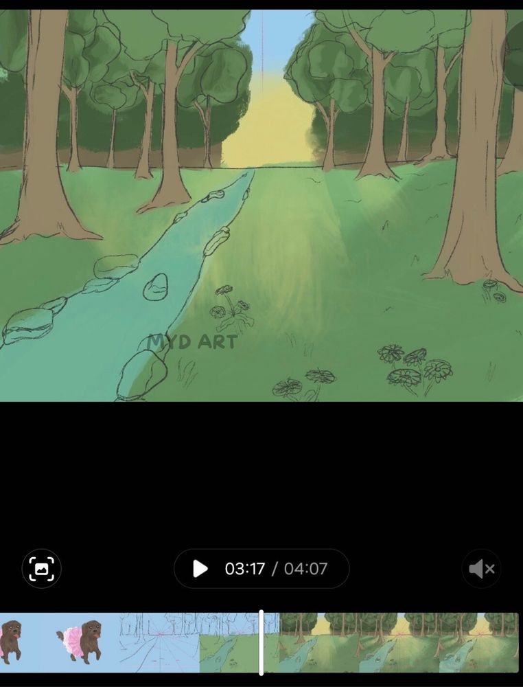A WIP consisting of linework and broad coloring. There is a blue river lined with rocks going into the distance, surrounded by trees that merge into a thick forest with the suns golden hour in a opening in the middle