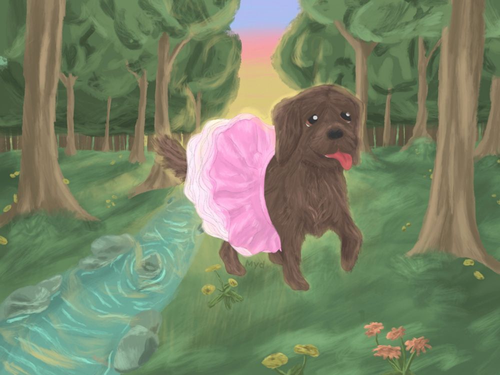A colored drawing of a dog wearing a tutu standing in a magical forest. There is a glinstering stream of water and golden light casted on the trees and all else. There are flowers on the grass. The dog is brown and fluffy, looking happy with its tongue out and a front paw lifted 