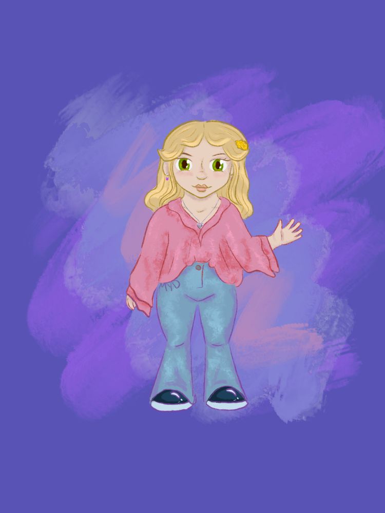 A blonde girl wearing a pink blouse and flare jeans waving. She has big shoes and green eyes
