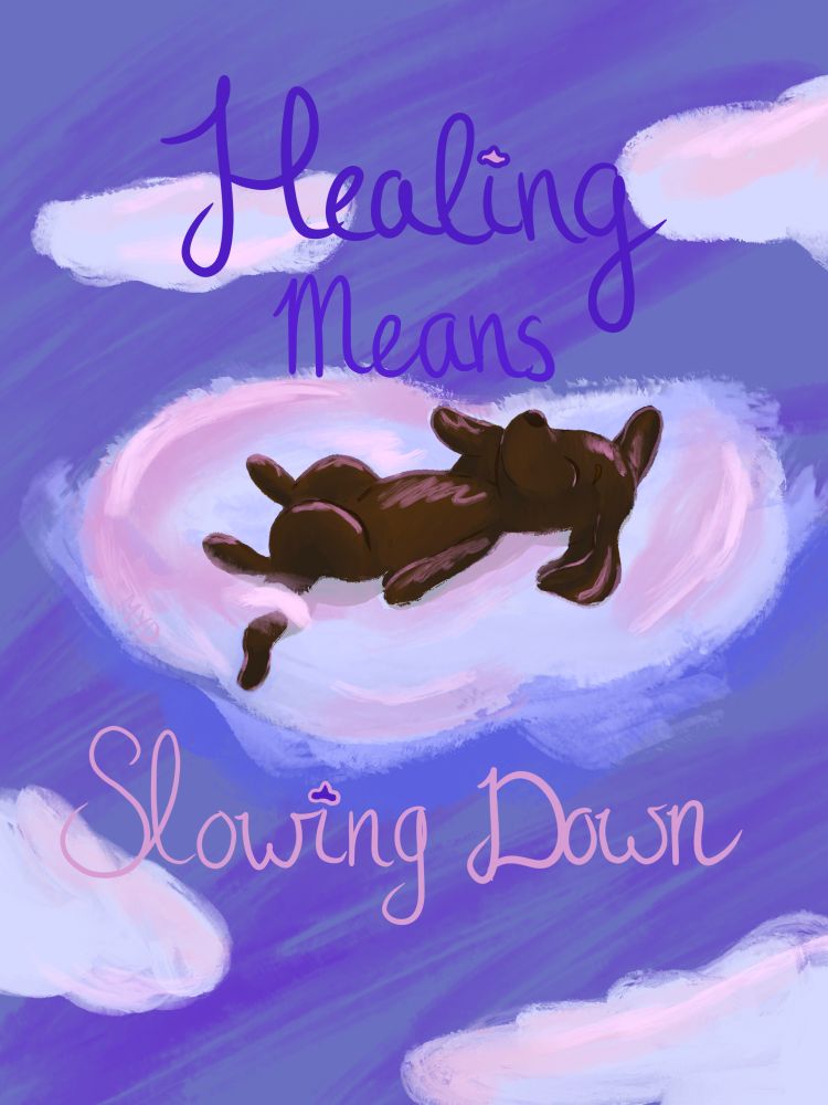 A painting of a black puppy napping on a cloud. The puppy is laying belly up with the paws fully relaxed and his ears spread out. He has a peaceful expression and his tail is hanging of the cloud. The cloud is white with pink accents. There are more clouds in the blue background. The text reads "Healing means slowing down"