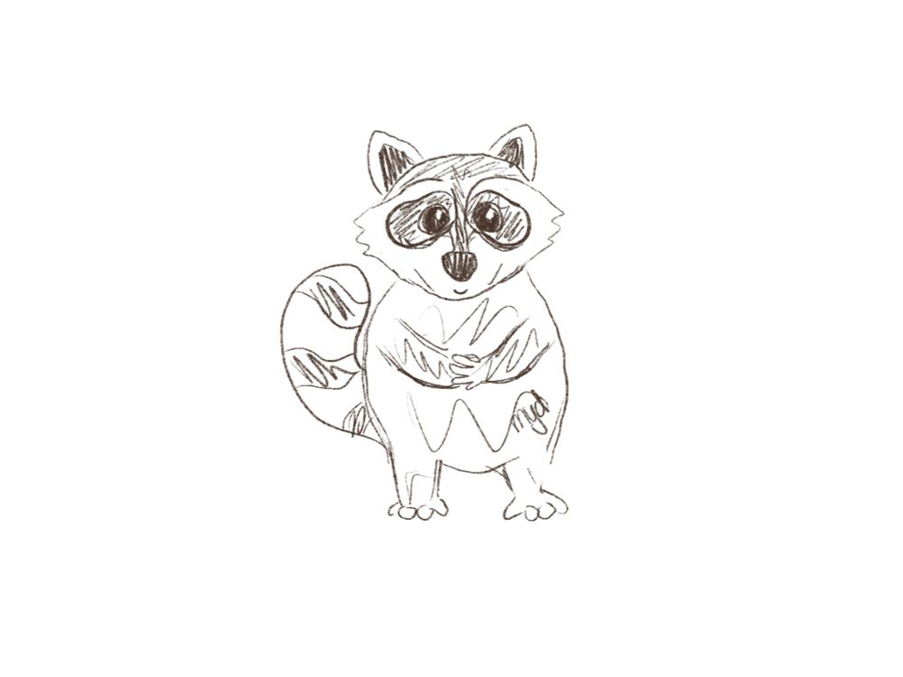 Simple sketch of a raccoon looking polite holding its two little hands together anticipating something nice