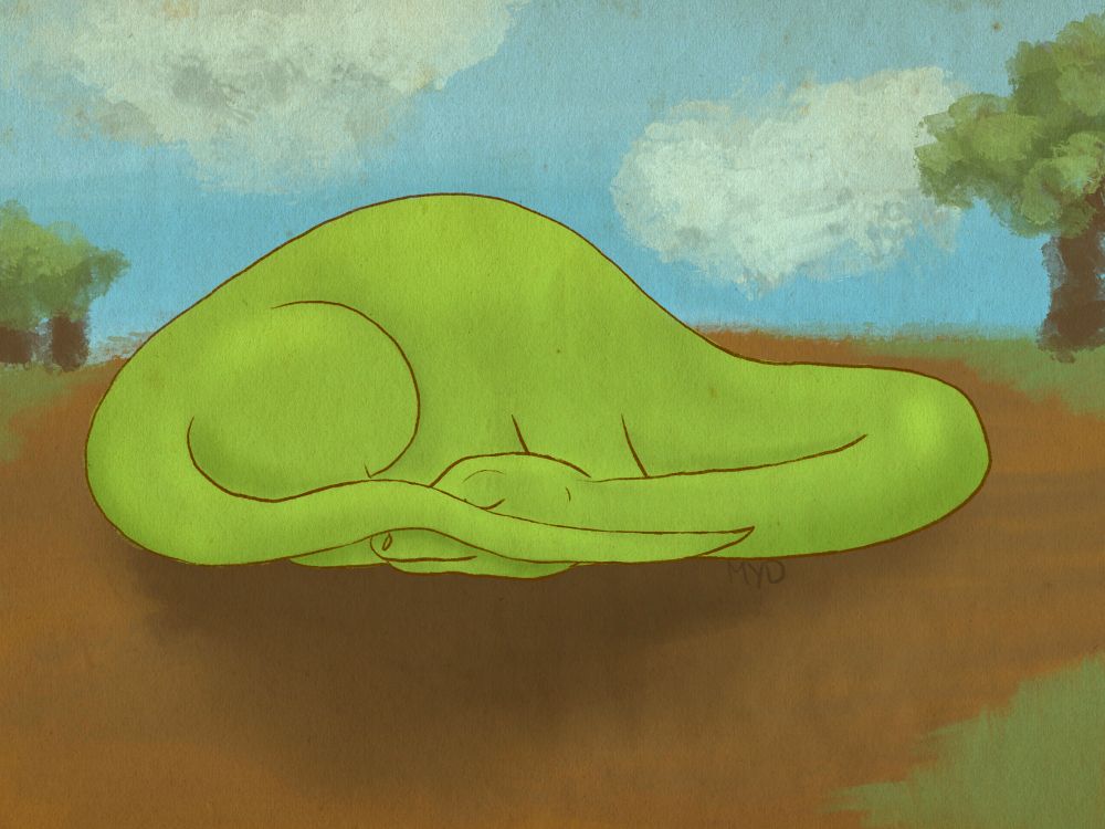 A brontosaurus taking a nap laying down. His head and tail are curled towards eachother and his tail overlaps his snout a little. Hes green and is laying on a brown dirt underground with grass patches and a couple trees in the background.