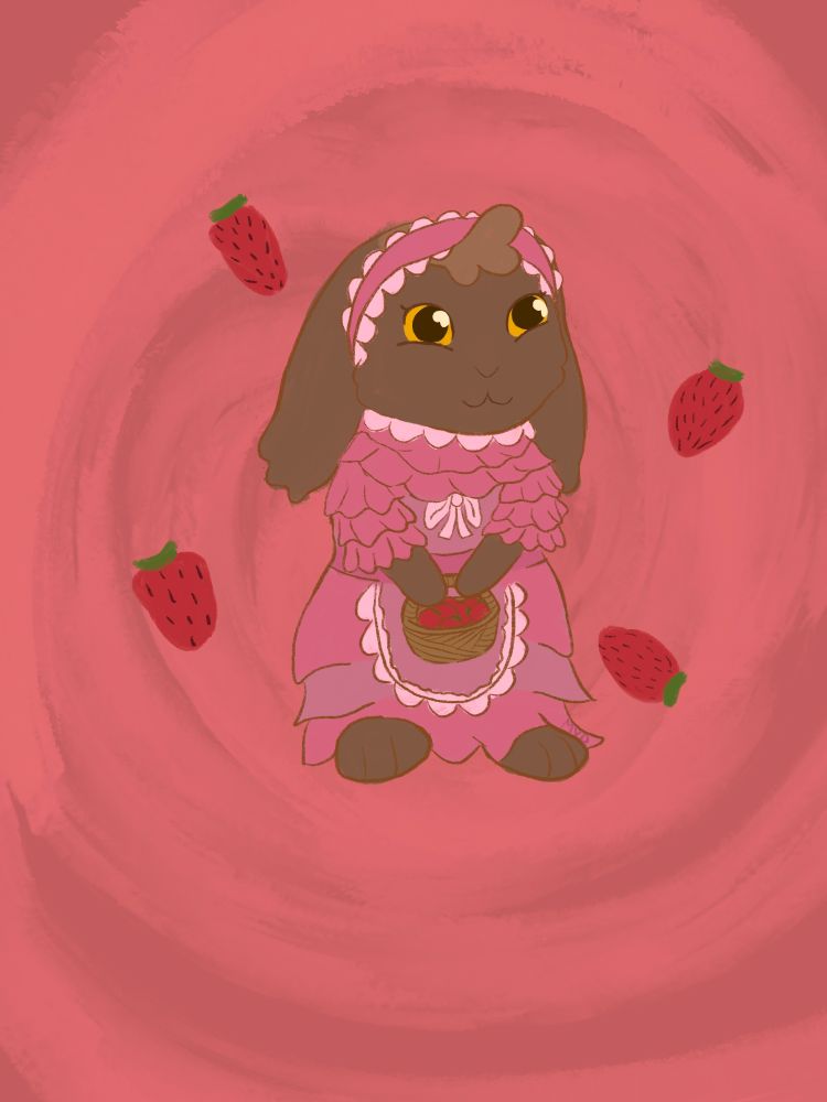 A drawing of a brown bunny wearing a pink frilly dress and matching frilly headband. Shes holding a basket of strawberries she just plucked. There are strawberries in the background on top of a lighter colored swirl