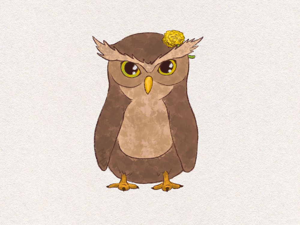 A dark, medium and light brown colored owl with orange ish feet. He is wearing a bright-warm yellow dandelion in his feathers above his right ear. He has yellow eyes with green details and looks a bit grumpy