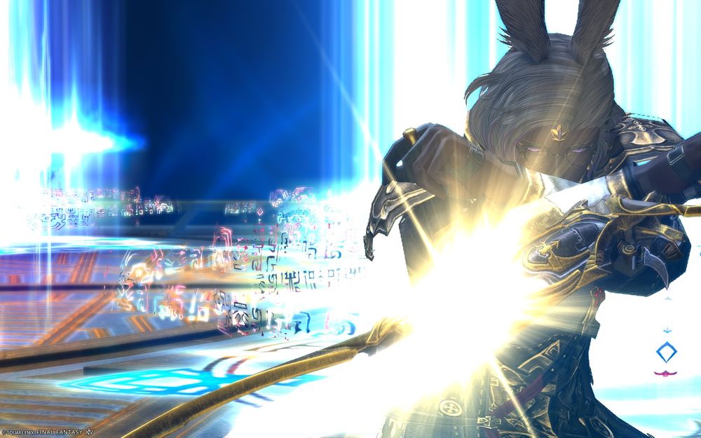 Screenshot of a ff14 character. It's a waist-up of a male viera, his arms crossed in front of him. He is facing the camera, holding a gunblade in one hand, blade parallel with his forearm. He is darkskinned, with short, curly ashen hair and gold freckles. He has lilac eyes, round gold-rimmed glasses, and a gem on his forehead. He is wearing black leather coat with high collar and golden and white detailing.
