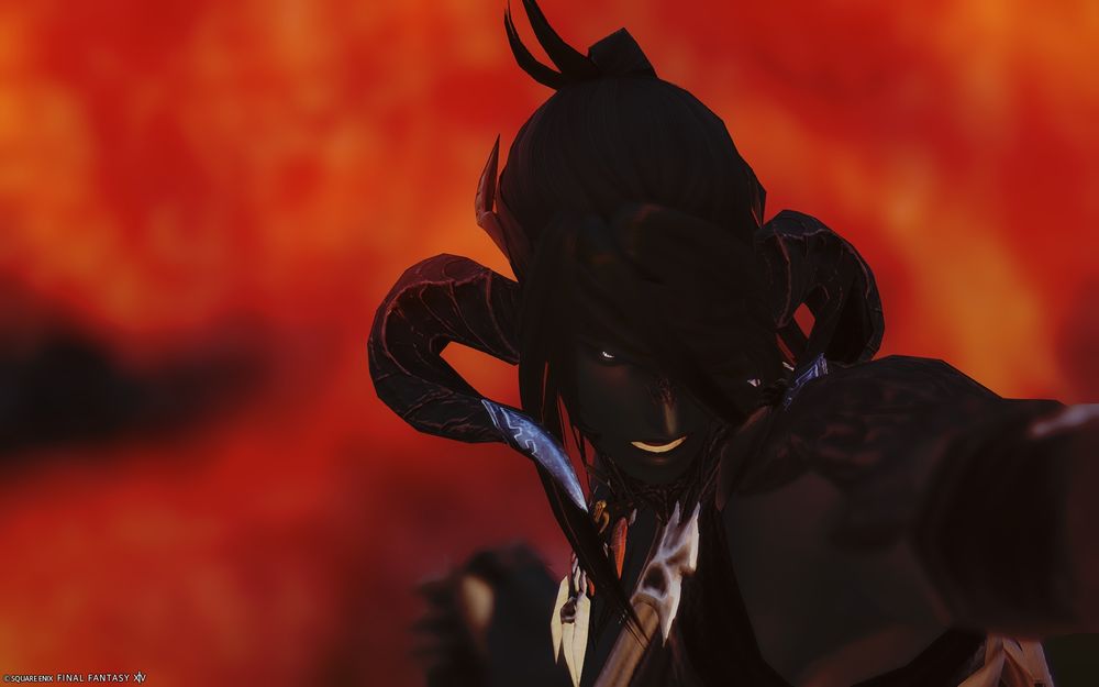 Closeup of a FF14 character. Male xaella au ra is facing the camera, chin tucked in and face contorted in anger. His skin is dark blue, and he has long black hair pulled back into a tall ponytail. His one visible eye is icy blue. He is winding up for a punch.