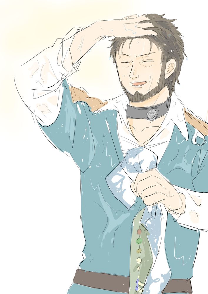 水も滴るいいバデロンさんの絵。
バンダナを外して髪をかき上げて笑っている。