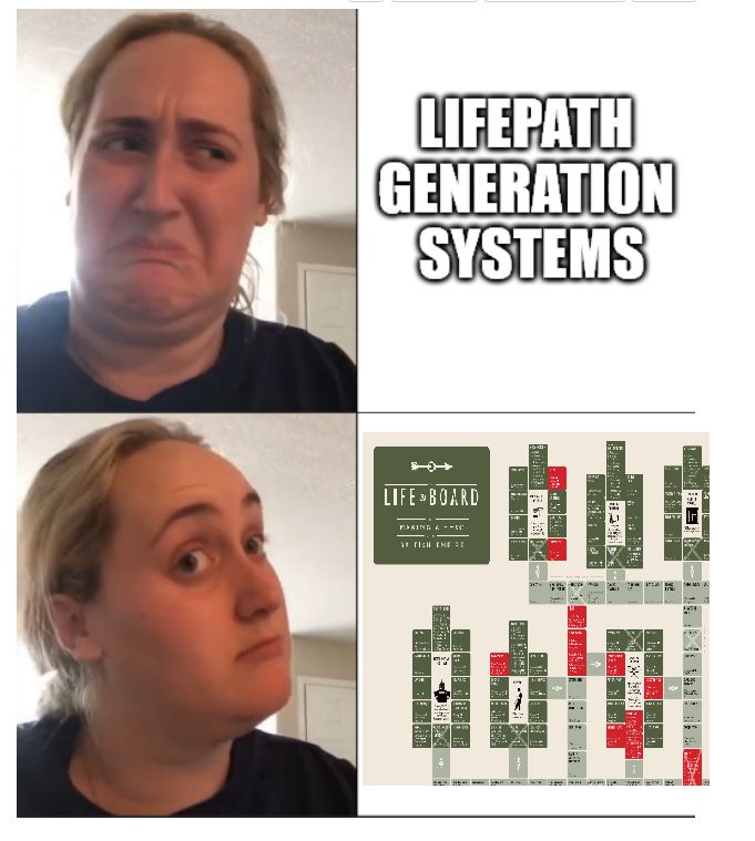 in the top picture a woman looks disgustedly at the text 'lifepath generation systems'
in the bottom picture, a woman looks intriguedly at the lifepath generation system for Operation: Fallen Reich
