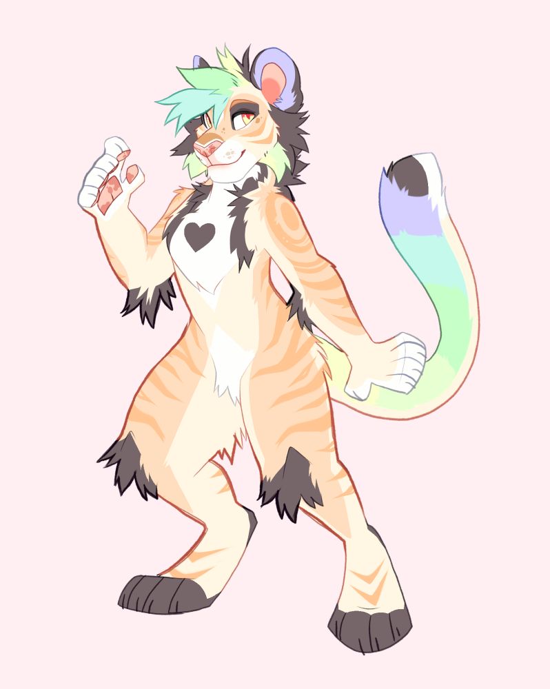A simple fullbody of a tiger character. It is light colors with some dark accents and pastels. 