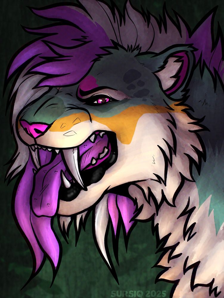 A bust art piece of a sabertooth character. They are snarling and sticking their tongue out like something grossed them out. They are pretty shades of green, some orange, and beiges. Their hair and beige and purple and they have a bright pink nose, eyes, and inner ears. The background is varying dark greens, implying a dense forest. 
The watermark at the bottom reads “SURSIQ 2025”