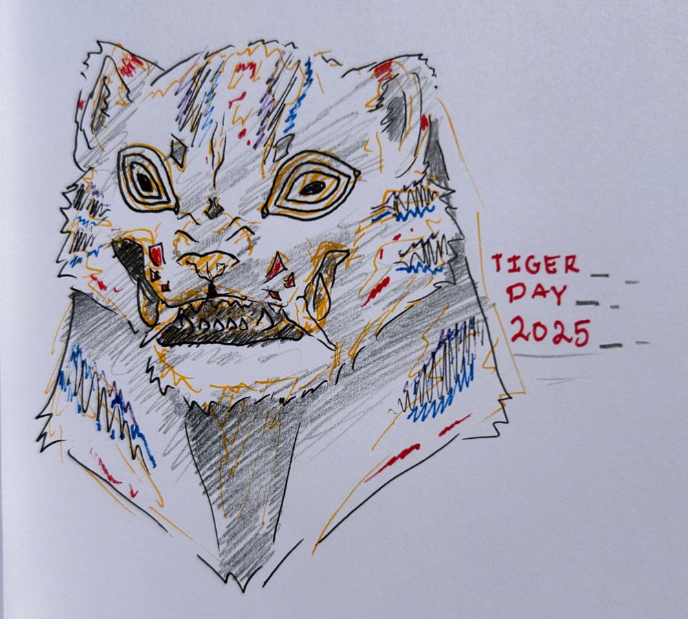 Pen and pencil drawing of a derpy tiger! Text reads “TIGER DAY 2025”