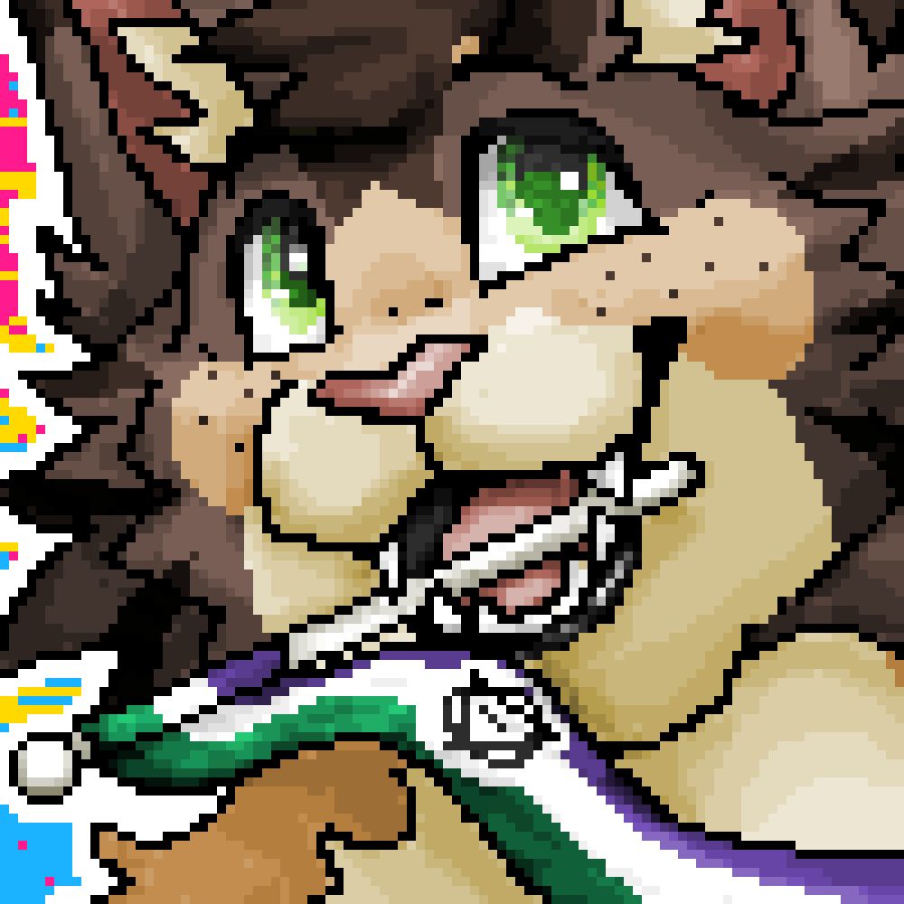 A pixelart icon of a Norwegian forest cat character. It has green eyes and various shades of brown fur with dark brown cheek stripes and freckles. With its mouth open, it holds a flag bearing the therian colors and symbol on it. In the background, there is the pansexual pride flag behind the character's outline.