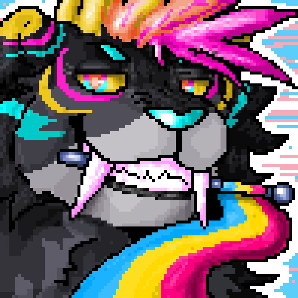 A pixelart icon of a sabertooth tiger character. She is various grays with pops of color including pink, yellow, orange, and blue. She is holding a flag with the pansexual pride colors on it in a big toothy grin!
Her eyes have white sclera and are pink, blue, and orange in color. Her nose is blue like the other blue on her fur. 
The background is the transgender pride flag.