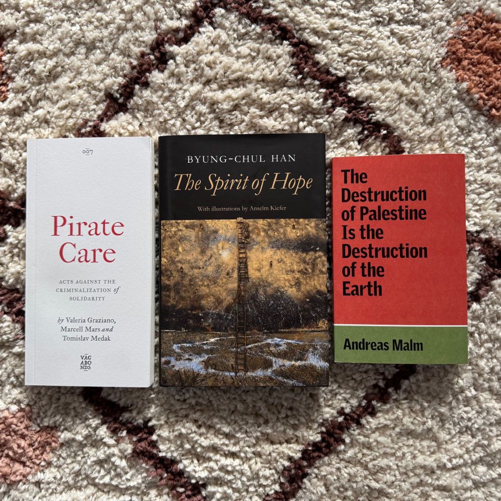 Three books on a rug: Pirate Care, Spirit of Hope, and The Destruction of Palestine is the Destruction of the Earth