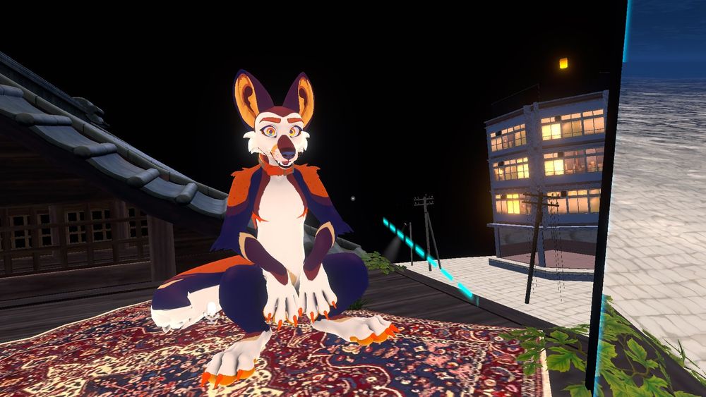 Null's Brown, White, Navy, Orange, and Maroon Maned Wolf fursona sitting in a dog-like squatting pose on a colorfully woven carpet. He has a big toothy smile on his face! How cute!