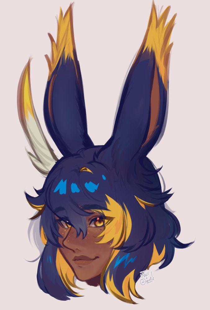 A headshot of Noor Opeyn'uh, Null's Warrior of Light from the Critically Acclaimed MMORPG Final Fantasy 14! He has wonderful brown skin, navy hair with golden yellow highlights, and pretty golden eyes! He also has wonderfully tall rabbit ears, and sports a white and yellow feather accessory in his hair!
