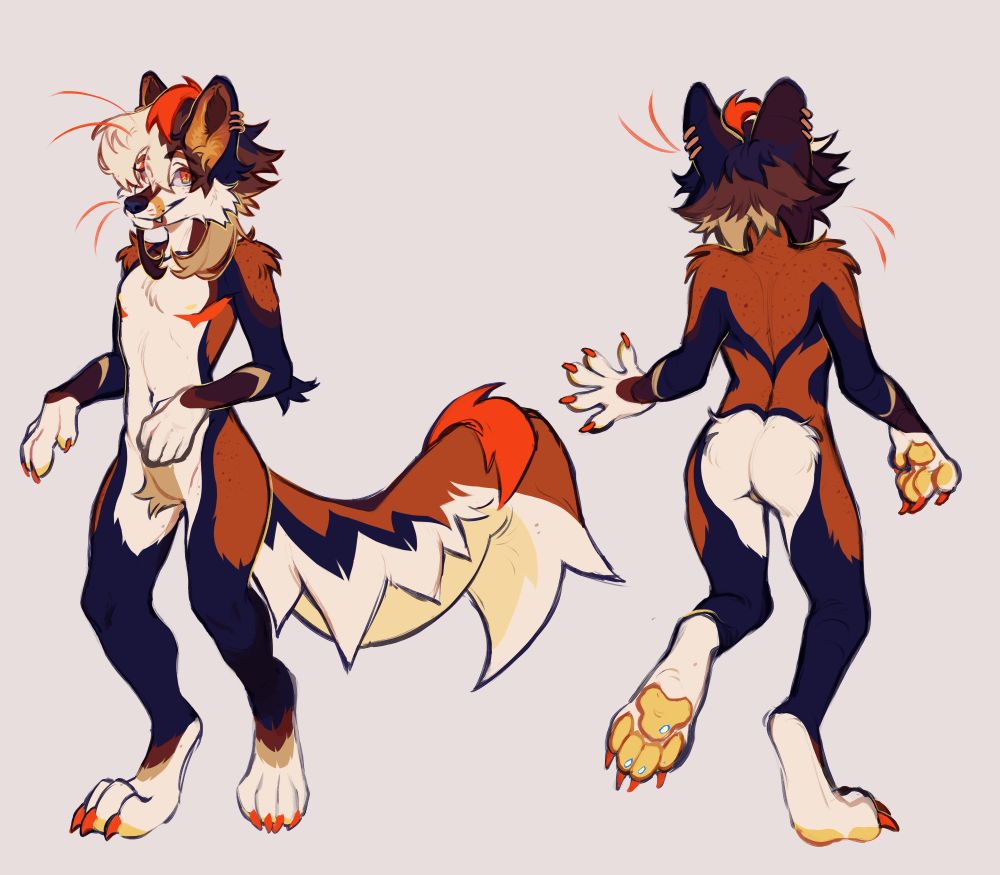 A detailed front and back view full body drawing of Null's maned Wolf Fursona!