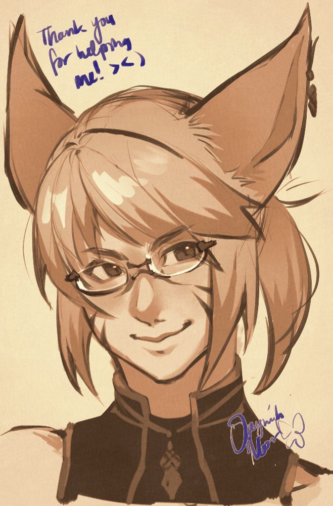 A Head to Shoulders Portrait of a jovial looking Miqo'te character sporting glasses and a ponytail with sideswept bangs!