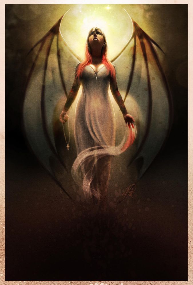 Digital Oil Painting by That Steven Rice, of a tattooed ethereal woman with dragon wings,  Holding a cross in her right hand and controlling a magical whisp of smoke with her left hand, standing in a misty forest backlit by a bright light looking up to the sky.