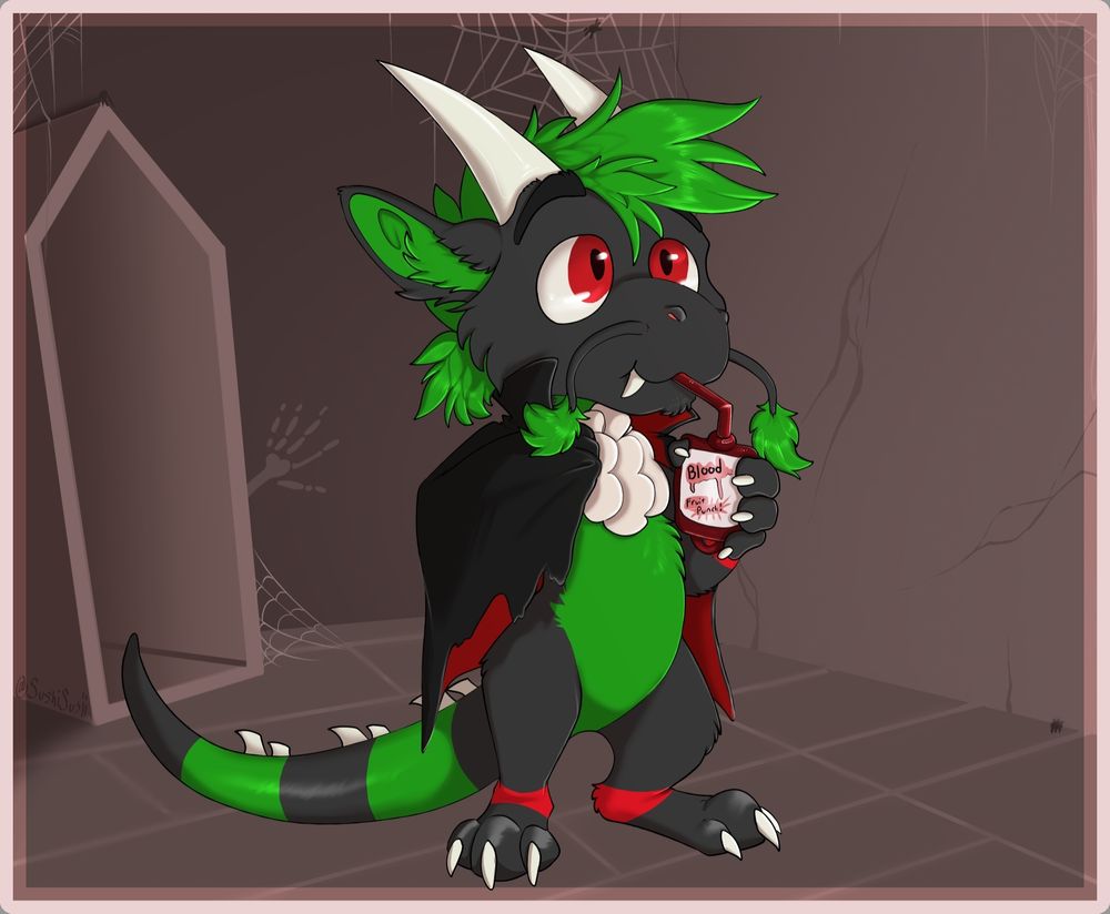 Dragon in vampire cape sipping on some "Blood Fruit Punch"