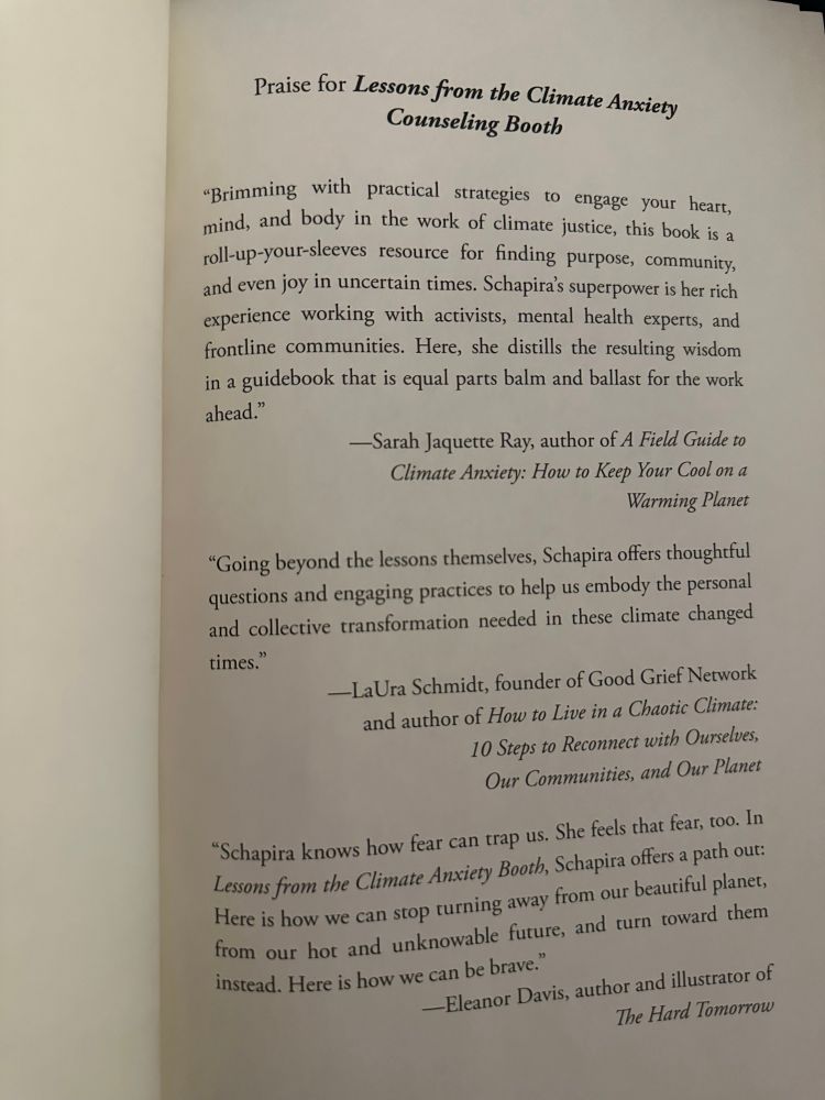 Praise page from the book featuring three endorsement quotes. The quotes are from Sarah Jaquette Ray (author of “A Field Guide to Climate Anxiety), LaUra Schmidt (founder of Good Grief Network), and Eleanor Davis (author of “The Hard Tomorrow”). Each quote discusses how the book offers practical strategies and guidance for dealing with climate anxiety and environmental concerns. 