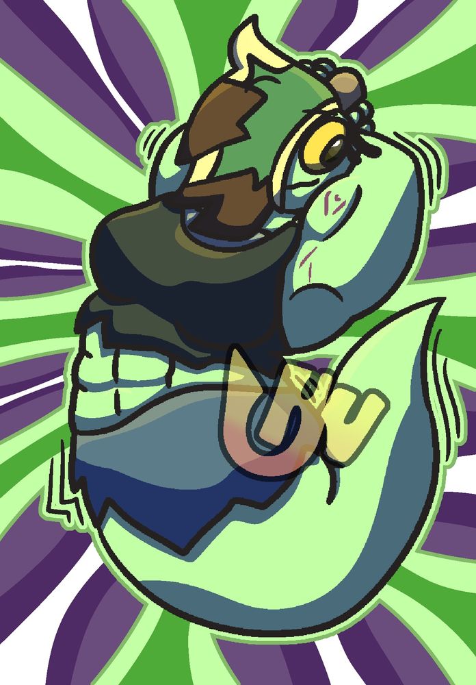 Artwork of Gwen, a muscular green grape ghost woman, flexing smugly.