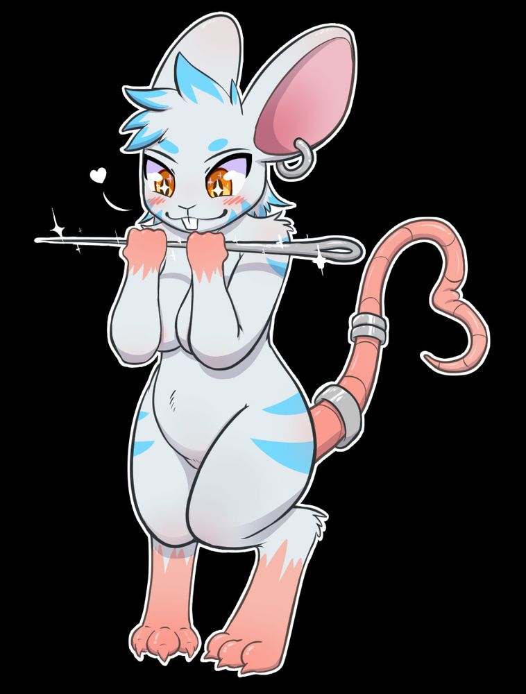 Iris, a mouse, gazes happily at a sewing pin she's acquired