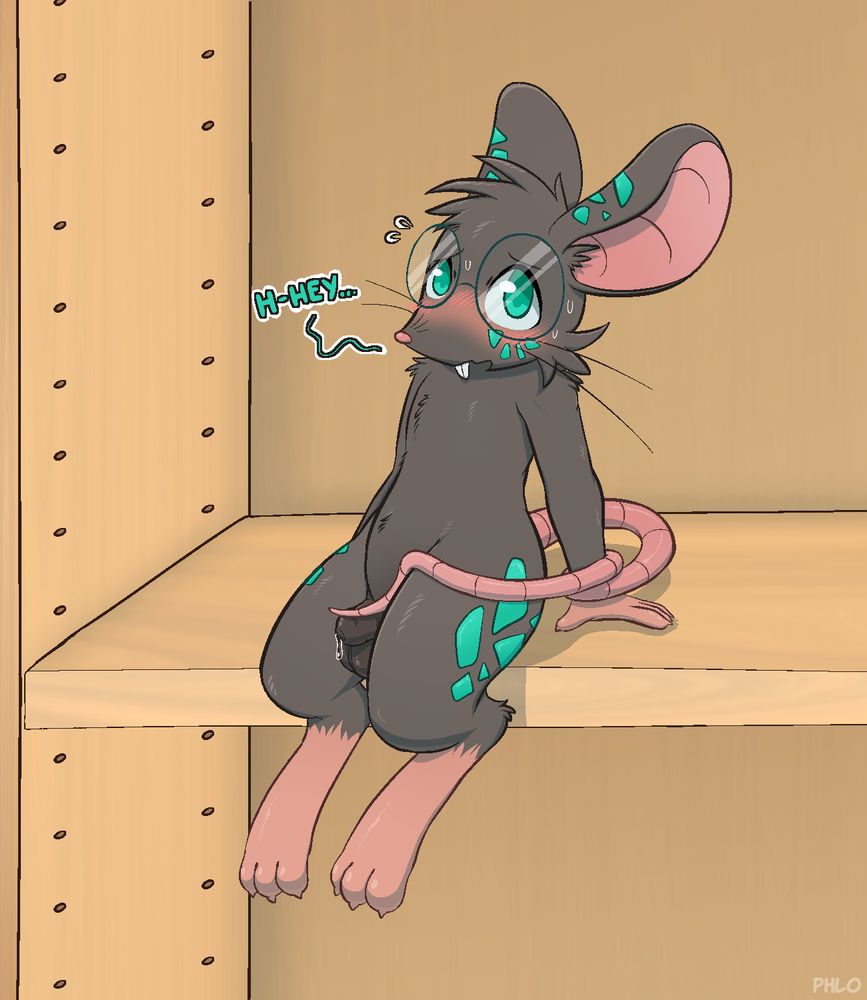 Tivy the mouse sitting from a bookshelf, embarrassed while being caught nude before jerking it