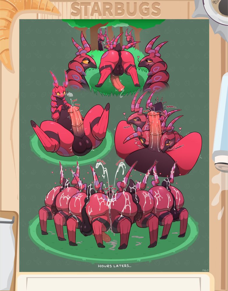 A male scolipede surrounded by 4 hungry Scolipedes (2 male and 2 female) who grow more ravenous for the first scolipede's rod and cum