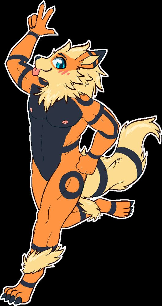 Def the Arcanine mid-jog waving back at the viewer with a peace hand sign