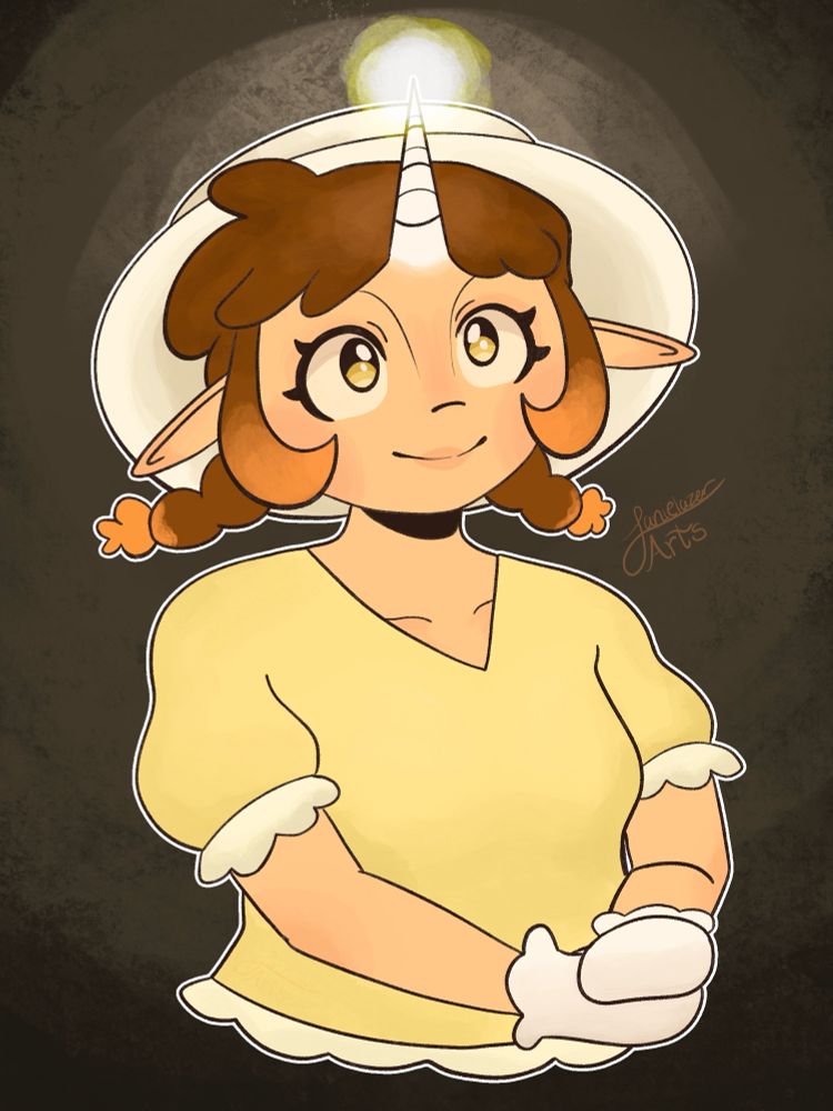 Elf girl looking up at her glowing unicorn horn.  She is wearing a white sun hat.