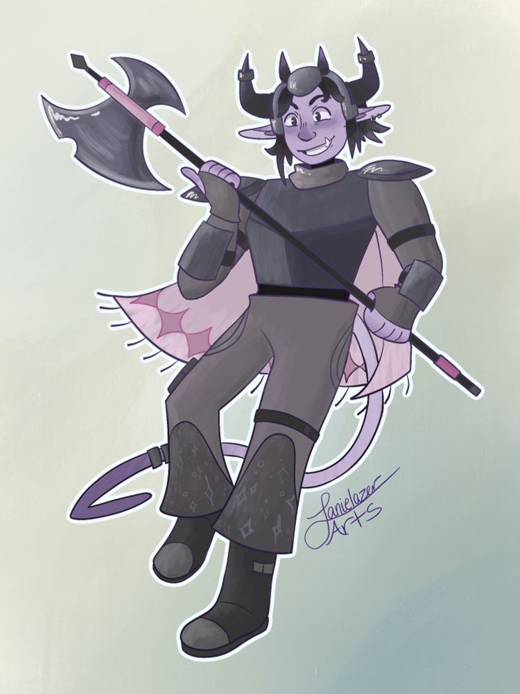 Purple tiefling in grey armor wields a large battle axe
