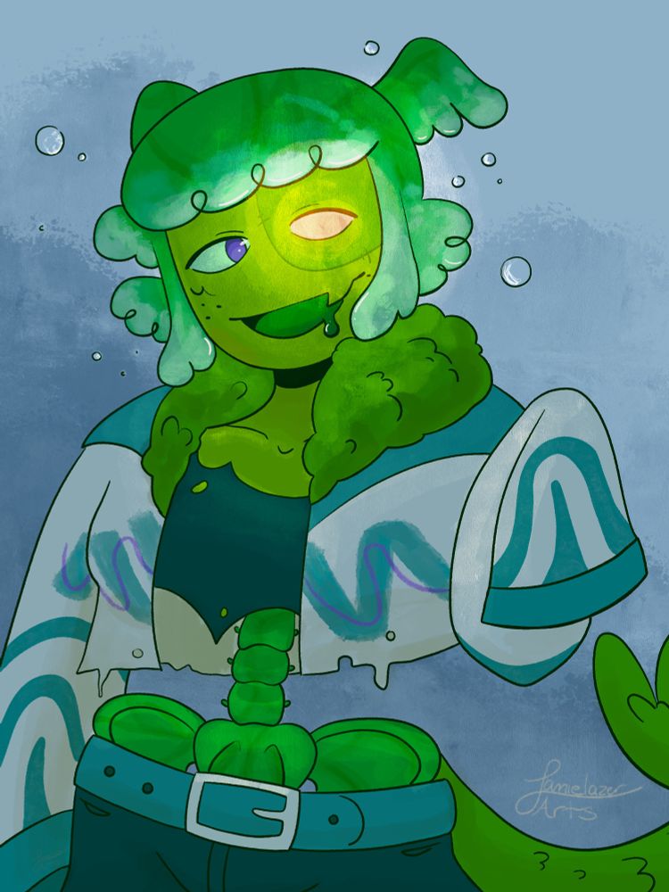 Green swamp zombie with a glowing orange eye.  The spine and hip bones are exposed.