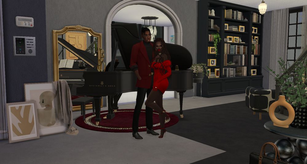 ximena and marquise are wearing their valentines day outfits while posing in their grand hallway of their massive mansion in glimmerbrook.