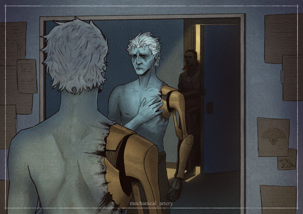 A man stands shirtless in front of a mirror. One of his arms has been replaced by metal. The flesh surrounding the metal shoulder is warped and corrupted. His flesh arm is raised, gingerly tracing the jagged edge. Behind him, a woman opens the door and pauses after seeing that she is intruding on a private moment. 