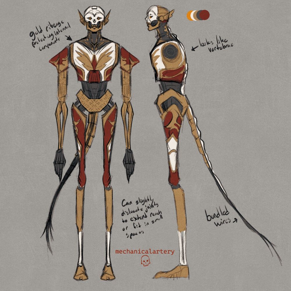 a rough reference sheet for the gilded machine. he has long, skeletal limbs, a skull faceplate, and a long, wiry tail. 