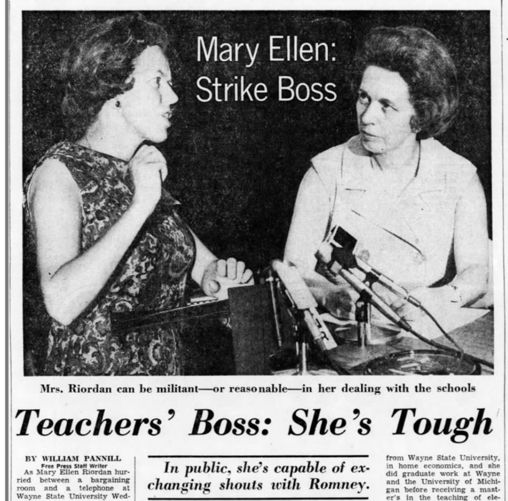 “Mary Ellen: Strike Boss.” Two pictures of DFT president Mary Ellen Riordan with caption “Mrs Riordan can be militant - or reasonable - in her dealings with the schools.” Title of article by William Pannill is “Teachers Boss: She’s Tough” 