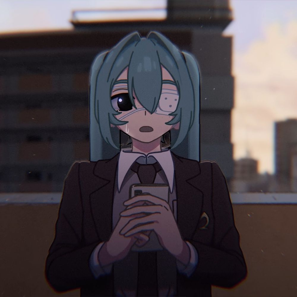 Miku from the Monitoring music video by DECO*27. She's wearing a white eyepatch over her left eye, a dark brown blazer and tie over a white undershirt. Not shown is a brown pleated skirt, white crew socks, and dark brown loafers.