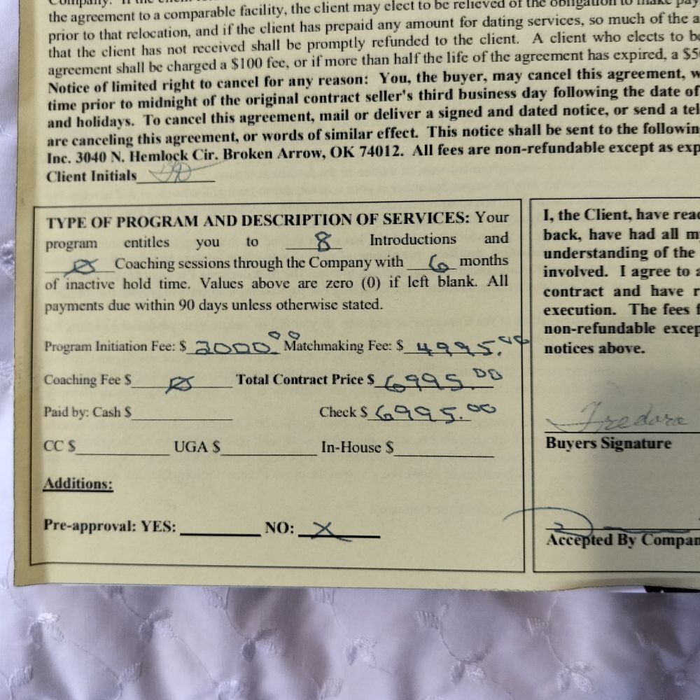Invoice from The Matchmaking Company for 8 introductions for $6995.00.  The client? An 85yo with declining cognition and mobility issues. 