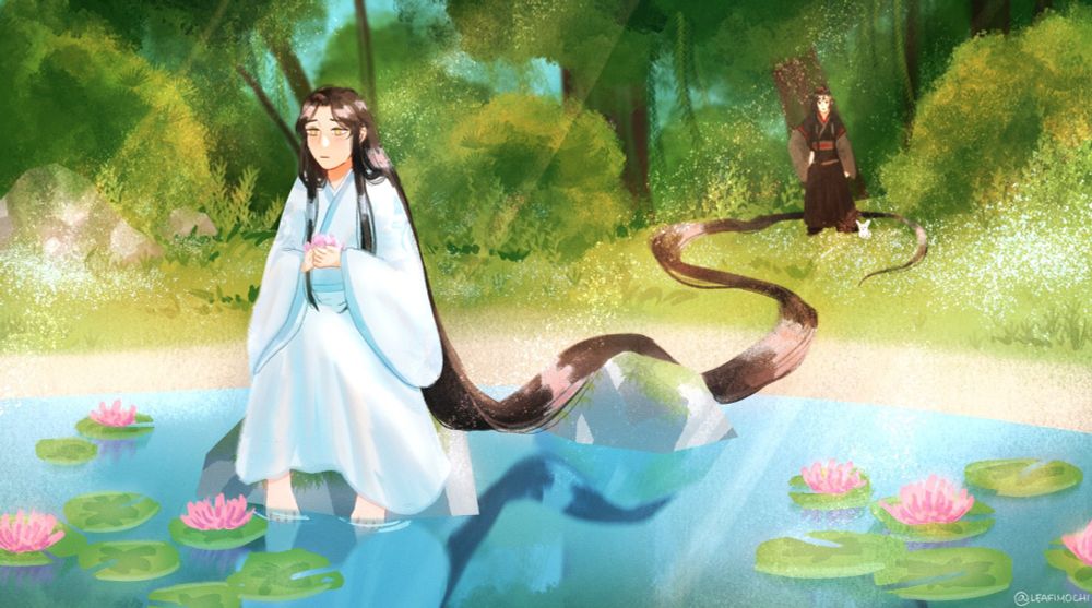 Rapunzelji sitting on a rock in the middle of the water contemplating his choice of leaving Cloud Recesses