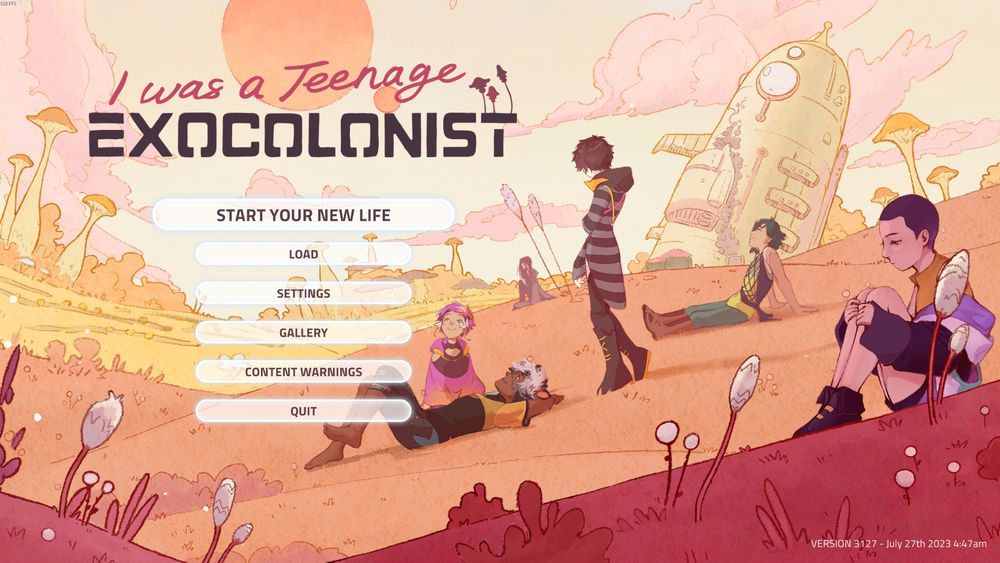 The main menu of the game "I was a teenage exocolonist", it shows the chracters Nomi, Rex, Dys, Cal, Tang and Sym.