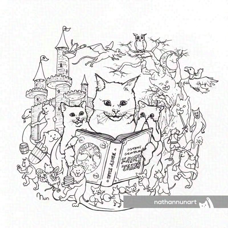 An ink drawing of a cat reading a book of Sister Grimalkin fiary tales to two kittens. One kitten looks enthusiastically at the book, pointing to a page, and the other has both paws half covering their face in fear. Surrounding the three cats are small images from fairy stories, elf-like cats, giants, wizards, a large castle, etc.
