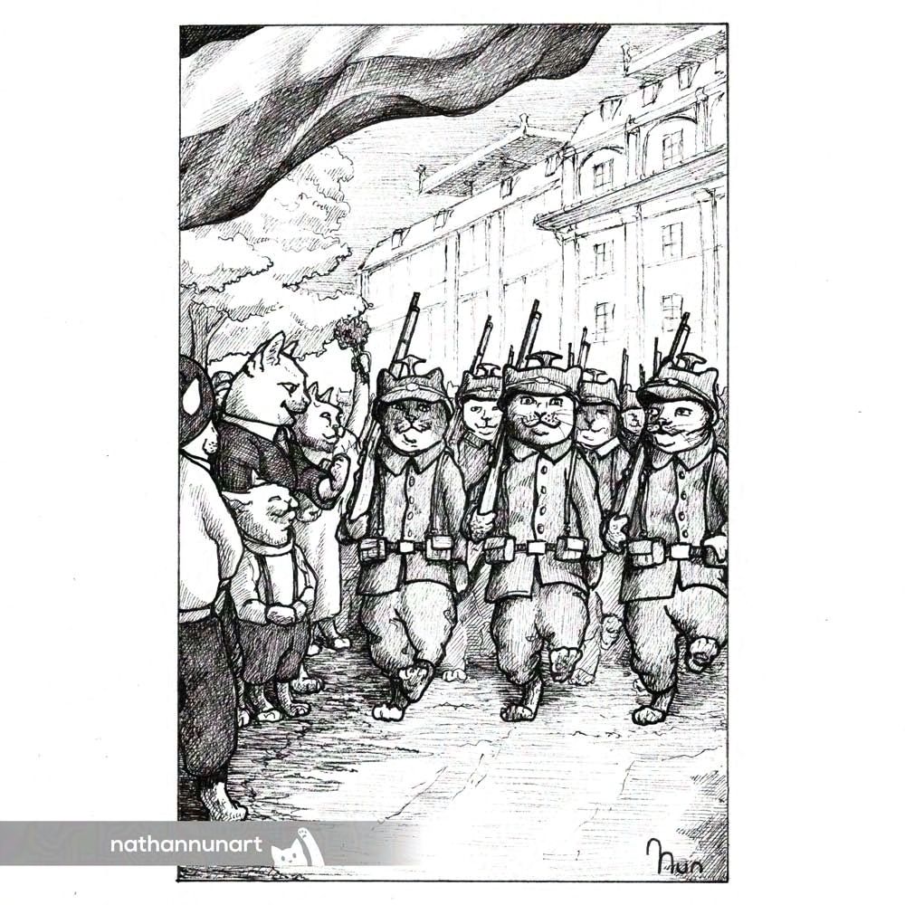 An ink drawing of a crowd of anthropomorphic cats cheering on a group of soldiers as they march through a city with buildings and trees in the background. The dress of the soldiers suggest early WW1 time period.